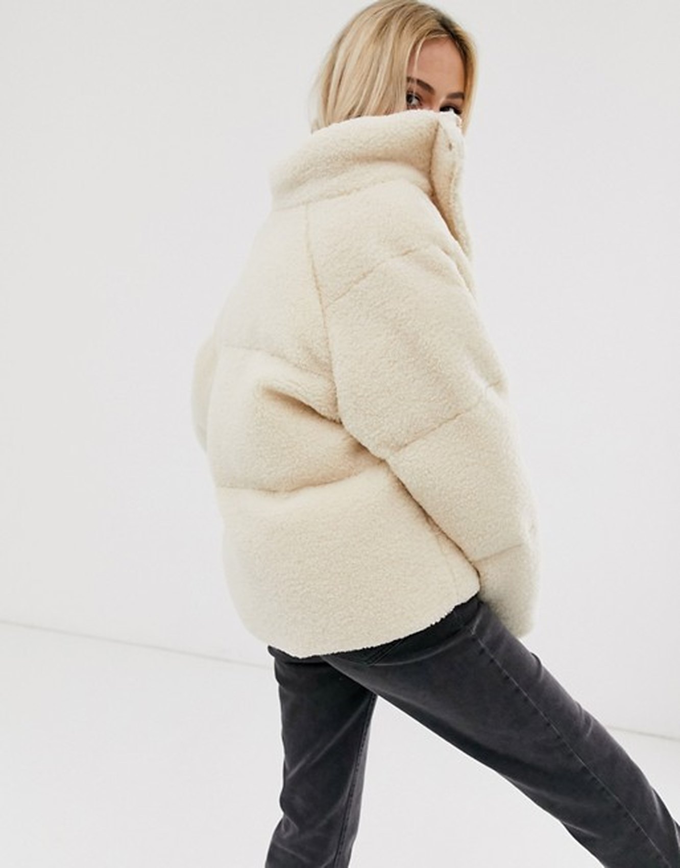 asos design fleece patched puffer jacket in cream